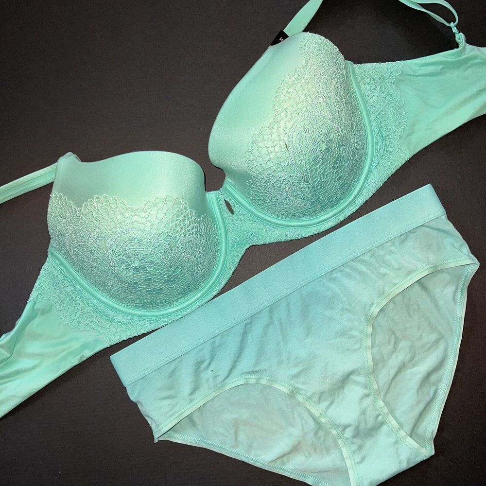 NWT Victoria's Secret 34DDD BRA SET M Cotton Panty TEAL mint green lace BODY by